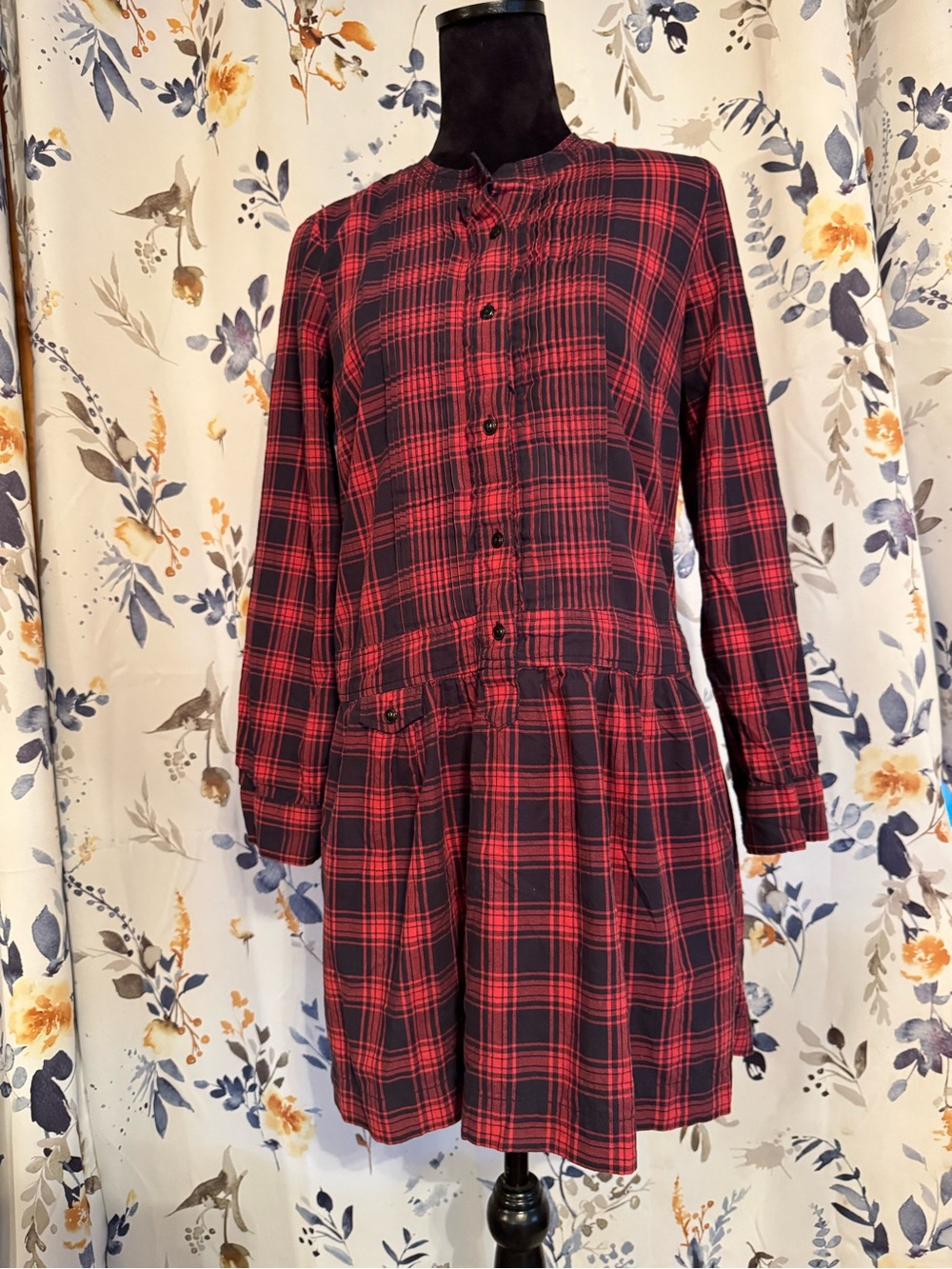 Red and Black Plaid Button-Front Dress B 1 100 Percent Silk
